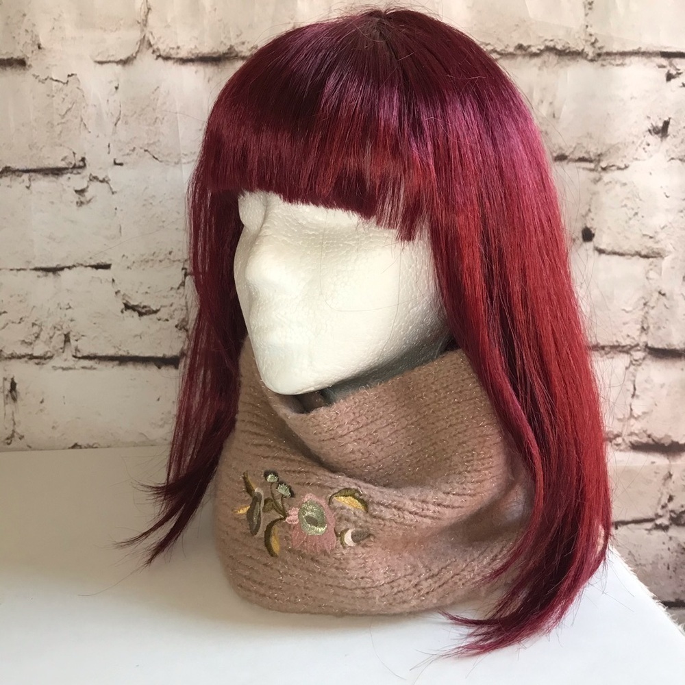 ZARA infinity knit scarf Tan with embroidery design One Size - Picture 2 of 11